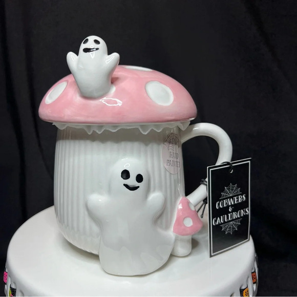 Cobwebs & Cauldrons Halloween Pink Polka Dot Mushroom Ghost Home Coffee Mug - Picture 2 of 12